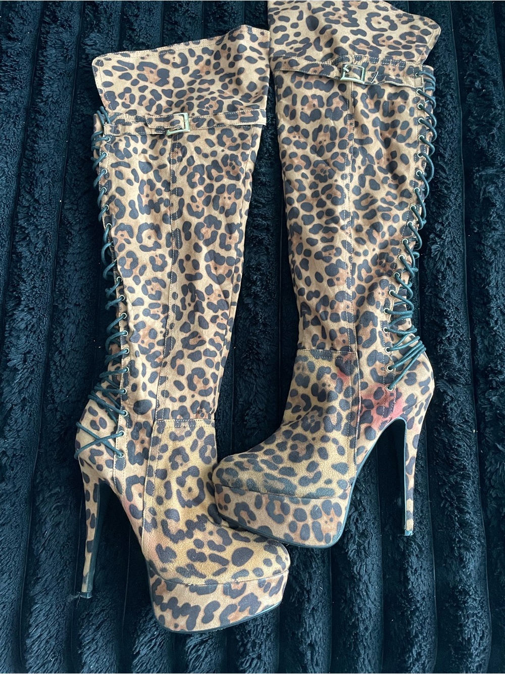 Anne Michelle Leopard Print Over-the-Knee Platform Stiletto Boots